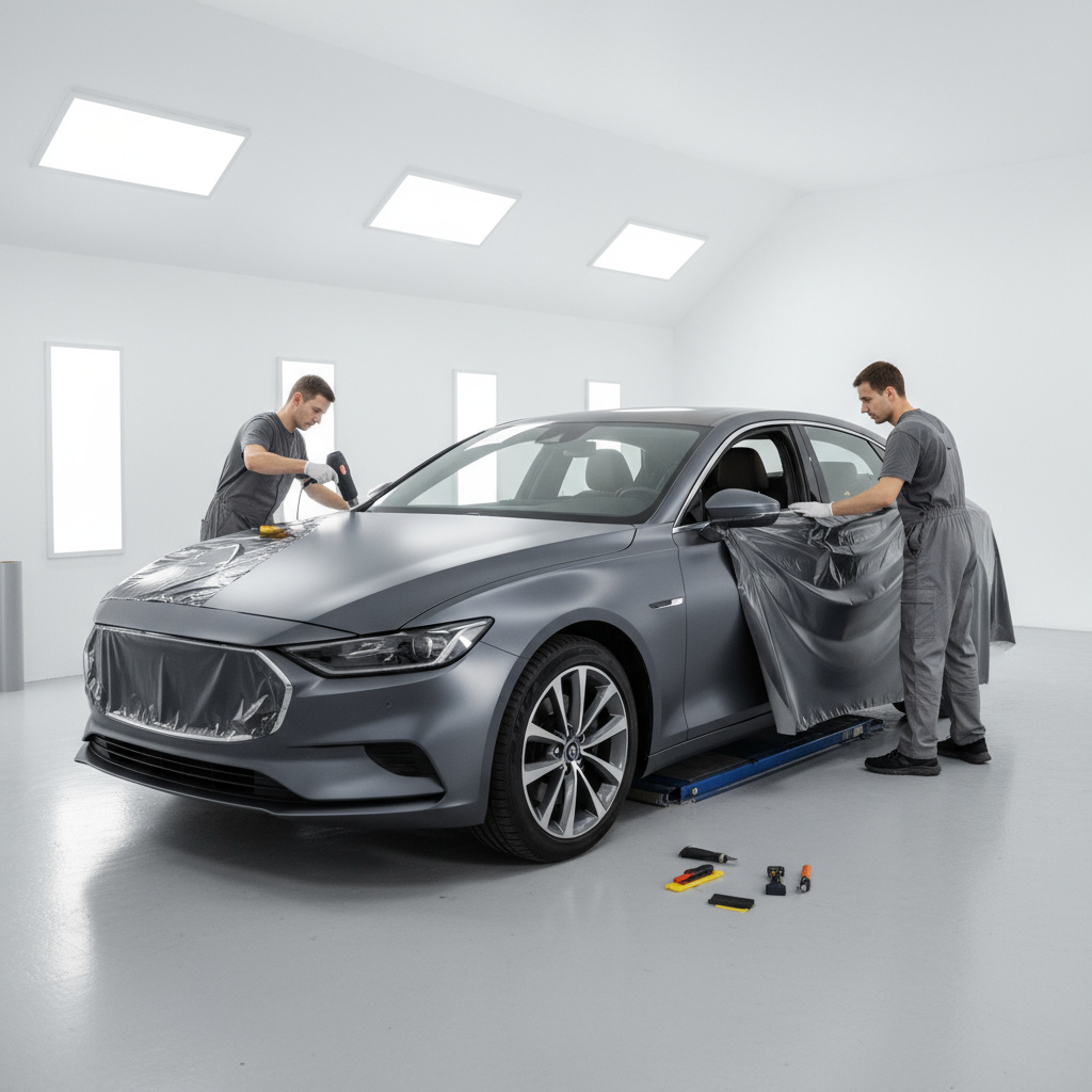 Technicians wrapping a sedan with satin vinyl in a clean studio