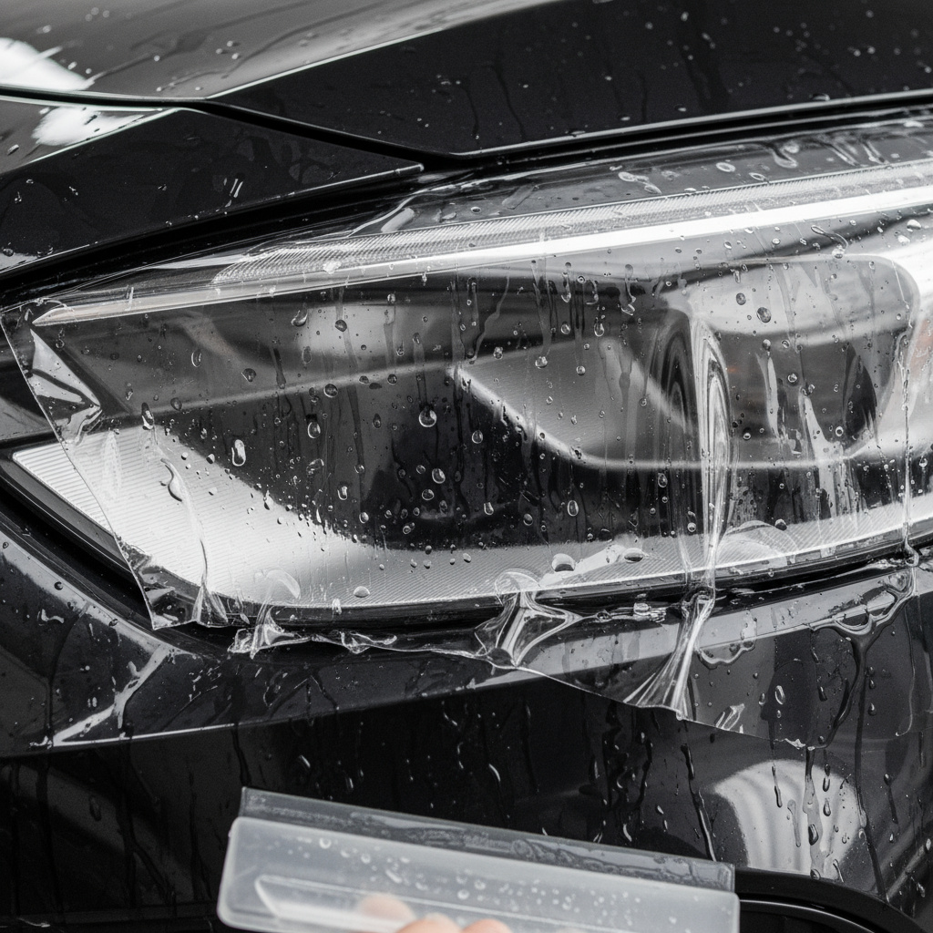 Close-up of PPF application around a curved bumper area