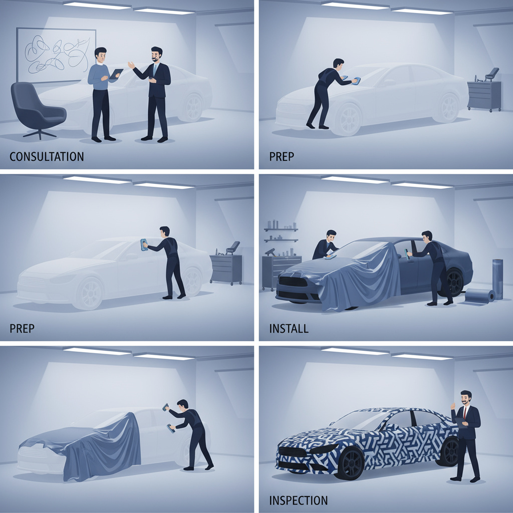 Concept scenes showing consultation, prep, install, inspection