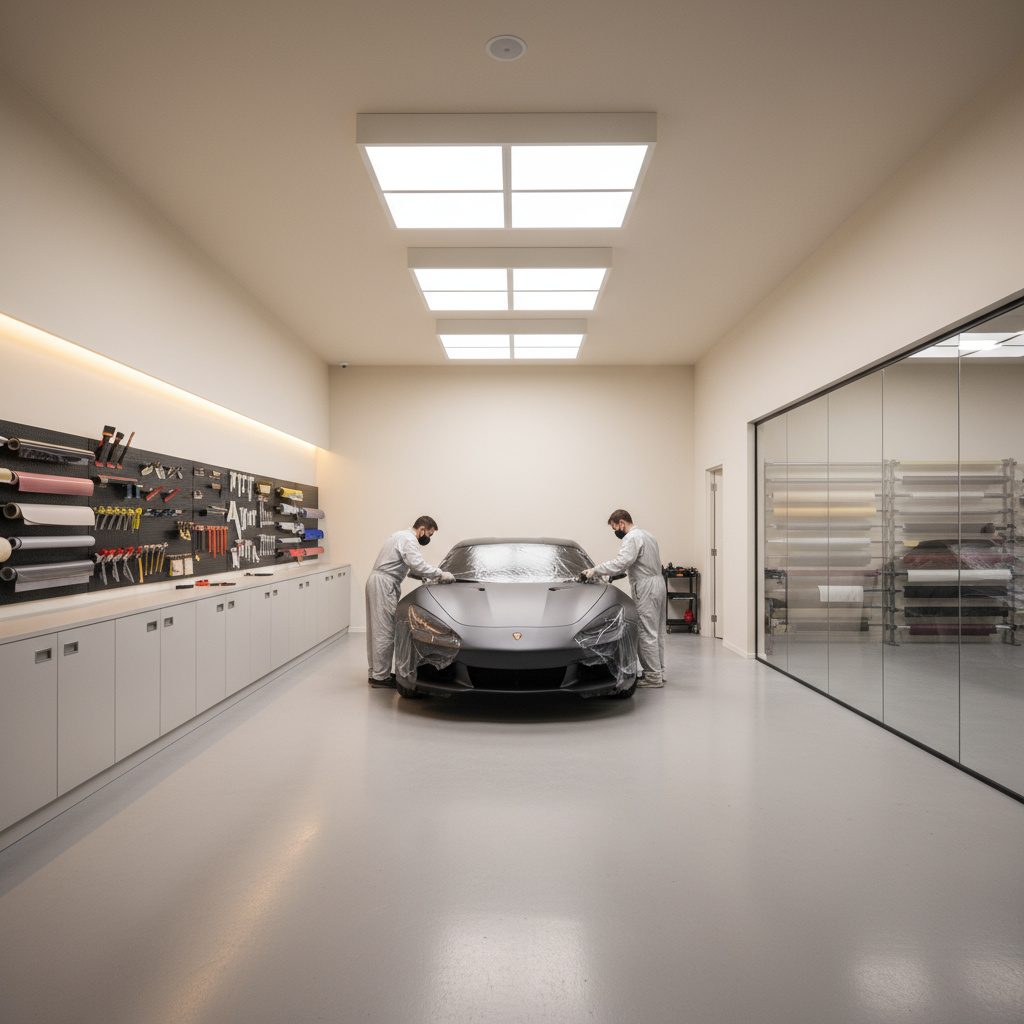 Clean automotive wrap studio bay with organized tools and good lighting